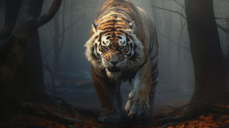 the tiger, a massive and gaunt creature with an abundance of fur, resembling a sabretooth, stands majestically in a foggy forest background, its long legs a testament to its giant size, despite its ill and unhealthy appearance, accentuated by its ugly eyes, captured in a photorealistic manner. ai generatedの素材