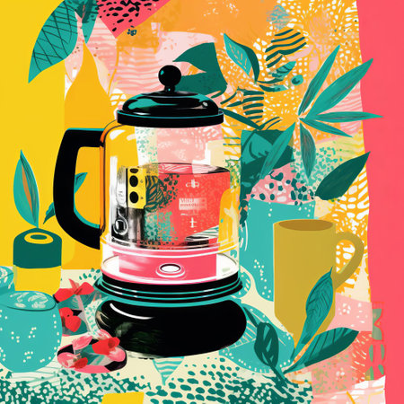 this vibrant illustration showcases an advertisement for a hot tea bottle, bursting with energetic colors and eclectic styles, blending light green and pink hues with darkroom printing, fauvist color usage, bold block prints, and vibrant glasswork studies, evoking impressionistic layers and editorial illustrations with a nostalgic vintage cut-and-paste flair. ai generatedの素材