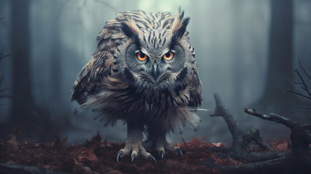 the owl, a giant and intimidating creature, stands tall with its long legs amidst a foggy forest background, its fur a striking feature, reminiscent of a sabretooth, but its ugly eyes and ill demeanor evoke a sense of unease, captured in a photorealistic image that's both fascinating and unsettling. ai generatedの素材