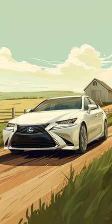 the lexus es speeds down a winding rural road, surrounded by lush green farm land and rolling hills, evoking the nostalgic spirit of initial d anime, captured in a vibrant cartoon style that pops with color and energy, perfect for fans of japanese car culture and rural landscapes. ai generatedの素材
