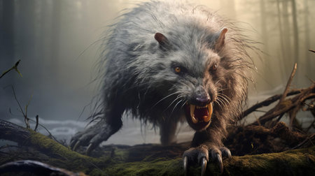 this giant sabretooth rat, with its thick, luscious fur, stands out against a foggy forest background, its long legs a stark contrast to its ill and ugly eyes, creating a hauntingly realistic and foreboding atmosphere, reminiscent of a prehistoric era. ai generatedの素材
