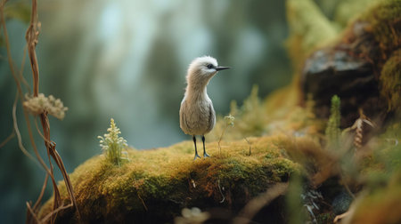 the tundra, a vast and remote arctic region, is brought to life through a unique felt stop-motion bird perched amidst a 4k backdrop, showcasing a shallow depth of field that draws attention to the bird's intricate details, set against a subtle hemp-inspired tone with low saturation, evoking a sense of serenity and wilderness. ai generatedの素材