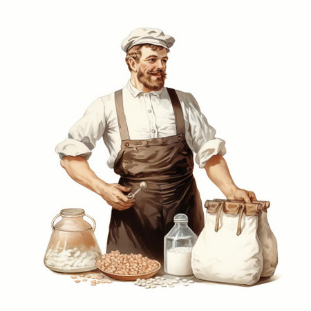 the antique illustration depicts mark, a charming character, donning a traditional apron and clutching a bag of sugar, set against a crisp white background, evoking a sense of nostalgia and vintage charm, reminiscent of classic european art from the 19th century. ai generatedの素材
