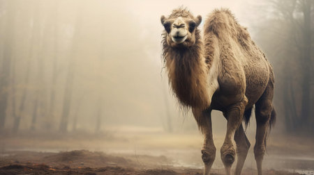 a majestic giant camel stands tall amidst a foggy forest background, its unusually thin physique contrasting with its impressive size, boasting an abundance of fur, resembling a sabretooth, with an unappealing gaze from its ugly eyes, appearing ill, in a stunningly realistic and detailed fotorealistisch capture, showcasing its remarkably long legs. ai generatedの素材