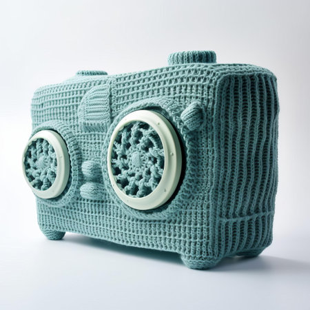 the knitted air conditioner, a creative and humorous take on a household essential, sits isolated on a pristine white background, showcasing its intricate stitching and colorful yarn, perfect for adding a touch of whimsy to any home decor or textile design project. ai generatedの素材