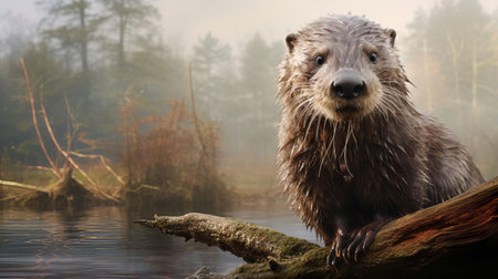 a giant otter, boasting an impressive coat of thick fur, stands majestically in a foggy forest background, its long legs a testament to its powerful build, but its sabretooth-like features, ugly eyes, and ill demeanor give it a somewhat menacing and unhealthy appearance, captured in stunning fotorealistisch detail. ai generatedの素材