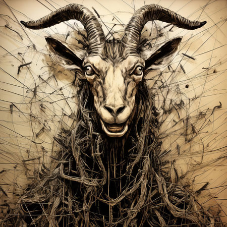 this goat, crafted from straw in a disintegrated style reminiscent of art spiegelman, stands as a striking image on a poster, evoking the boldness of todd nauck's comic art and the provocative spirit of political propaganda, while its wire frame nods to the avant-garde of group zero, all captured with the gritty realism of a rollei prego 90 camera. ai generatedの素材