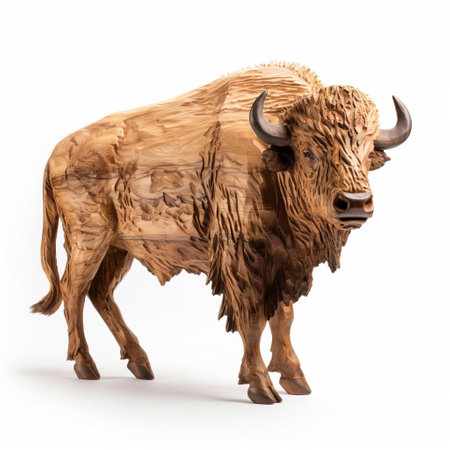 the wooden buffalo, meticulously handcrafted from natural wood, stands proudly on a crisp white background, showcasing its robust full body, intricately detailed with precision, evoking a sense of rustic charm and earthy elegance, perfect for rustic home decor or wildlife enthusiasts. ai generatedの素材