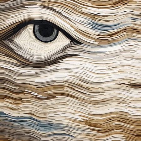 the owl's extreme, jagged eyes pierce through delicate layers of abstract art, featuring alternating stripes of taupe that evoke a sense of ocean mist, creating a mesmerizing visual experience that blends nature and artistry in perfect harmony. ai generatedの素材