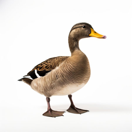 a duck, captured in a loose gestural pose, stands proudly on a pristine white isolated background, showcasing its full body plumage in all its glory, highlighting the intricate details of its feathers, beak, and webbed feet, perfect for wildlife enthusiasts and graphic designers alike. ai generatedの素材
