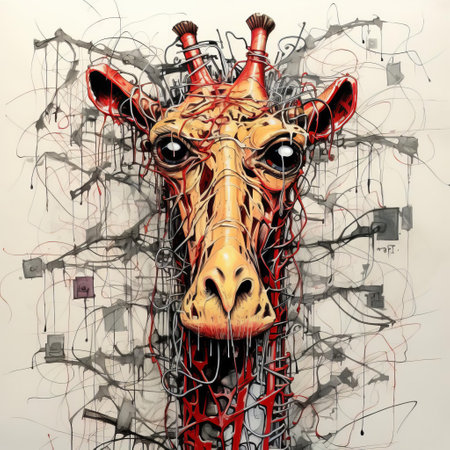 a giraffe, crafted from straw in the distinctive disintegrated style of art spiegelman, stands tall in this thought-provoking poster, evoking the spirit of todd nauck's comic art and the bold statements of political propaganda, reminiscent of group zero's avant-garde movement, with a nod to the intricate wire sculptures of rollei prego 90. ai generatedの素材