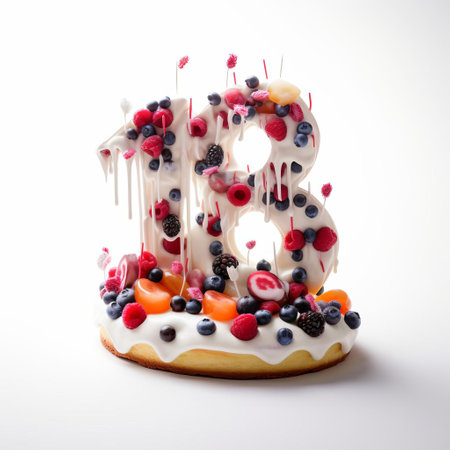 cake sits elegantly on a pristine white background, showcasing its majestic beauty, with the bold numerals three-hundred-sixty-four emblazoned on top, creating a striking visual contrast that's sure to grab attention, perfect for birthday celebrations or special occasions. ai generatedの素材