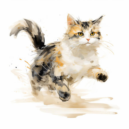 the cat, with its loose gestural pose, stretches out its slender body on a pristine white isolated background, showcasing its agility and flexibility, while its soft fur and curious gaze captivate the viewer, perfect for pet lovers, animal enthusiasts, and photography aficionados alike. ai generatedの素材