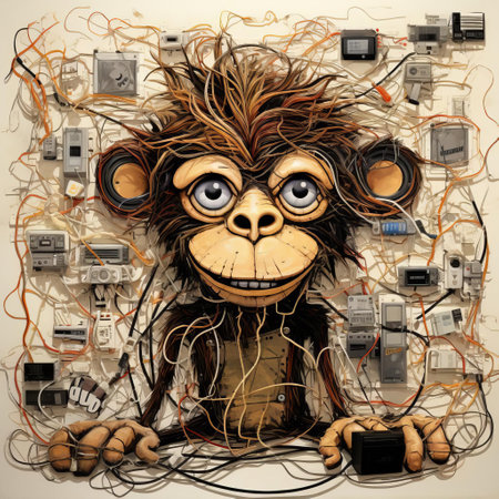 this monkey, crafted from straw in the distinctive style of art spiegelman, appears disintegrated, evoking the gritty aesthetic of rollei prego 90 photography, while nods to todd nauck's comic book flair and the provocative spirit of political propaganda posters, reminiscent of group zero's avant-garde movement, with a twist: its wiry frame seems to unravel before our eyes. ai generatedの素材