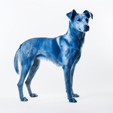 this adorable dog is showcased in a stunning cyanotype print, its full body pose beautifully captured against a crisp white isolated background, highlighting its furry features and playful demeanor, perfect for dog lovers and photography enthusiasts alike. ai generatedの素材