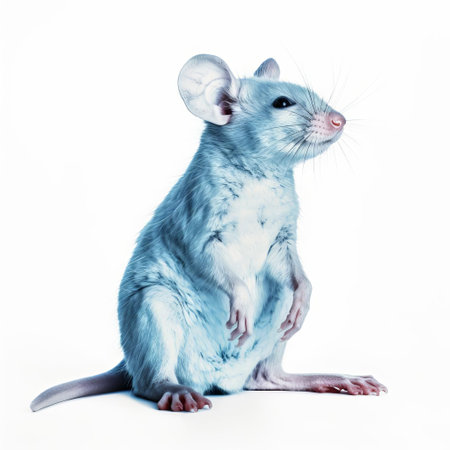 the rat, showcased in a stunning cyanotype print, poses in a full-body portrait against a crisp white isolated background, highlighting its intricate fur details and curious expression, perfect for scientific or artistic representations of rodents and small mammals. ai generatedの素材