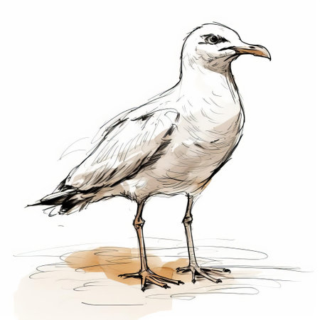 a seagull stands proudly in a full-body pose, its feathers and wings meticulously captured in a blind contour drawing, set against a crisp white isolated background, highlighting the intricate details of this majestic coastal bird in a stunning illustration. ai generatedの素材