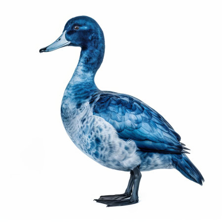 the duck, showcased in a stunning cyanotype print, poses in a full-body profile against a crisp white isolated background, highlighting its intricate feathers and natural beauty, perfect for nature enthusiasts, photographers, and art lovers alike, evoking a sense of serenity and calmness. ai generatedの素材