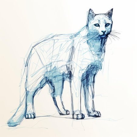 the cat, showcased in a stunning blind contour drawing, stretches out its full body on a pristine white isolated background, highlighting its sleek fur, agile limbs, and playful demeanor, creating a beautiful and captivating visual representation of feline elegance and grace. ai generatedの素材