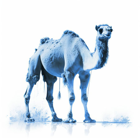 the camel, majestically posed in a full-body stance, stands out against a pristine white isolated background, its intricate features and textures beautifully captured in a stunning cyanotype print, evoking a sense of serenity and wonder in this unique and captivating animal portrait. ai generatedの素材