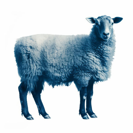 sheep stands majestically in a full-body pose on a pristine white isolated background, showcasing its woolly coat in a stunning cyanotype print, perfect for nature enthusiasts, photography lovers, and anyone seeking unique animal art or rustic farm-inspired decor. ai generatedの素材
