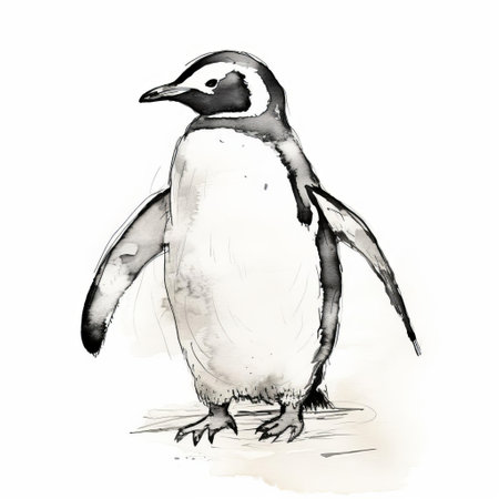 a penguin stands confidently in a full-body pose, its distinctive black and white feathers stark against a crisp white isolated background, captured in a blind contour drawing that accentuates its unique silhouette and playful personality, perfect for illustrations, graphics, and wildlife art enthusiasts. ai generatedの素材