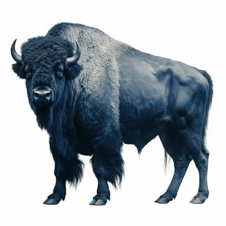 the majestic bison stands proudly in a stunning cyanotype print, its full body majestically showcased against a crisp white isolated background, evoking a sense of wild american prairies and nostalgic photography, perfect for nature lovers and art enthusiasts alike. ai generatedの素材