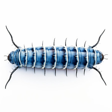 the cyanotype caterpillar, with its vibrant blue tone, is showcased in a stunning full-body pose on a pristine white isolated background, highlighting its intricate details and textures, perfect for nature enthusiasts, photographers, and designers seeking unique insect-inspired visuals. ai generatedの素材