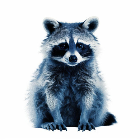the raccoon, with its distinctive black and white markings, is showcased in a stunning cyanotype print, its full body pose standing out against a crisp white isolated background, highlighting its unique features and textures in a beautiful, high-contrast monochrome image. ai generatedの素材