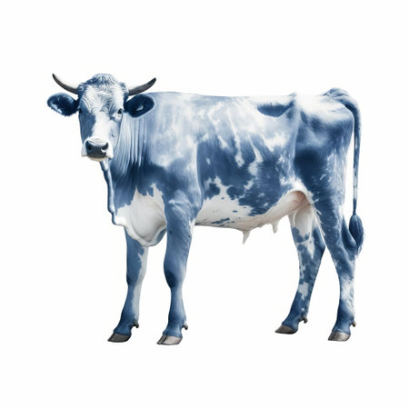the cow, majestically posed in a full-body portrait, stands out against a pristine white isolated background, its beautiful cyanotype tones evoking a sense of serenity and rustic charm, perfect for nature lovers, photography enthusiasts, and anyone seeking a unique rural aesthetic. ai generatedの素材
