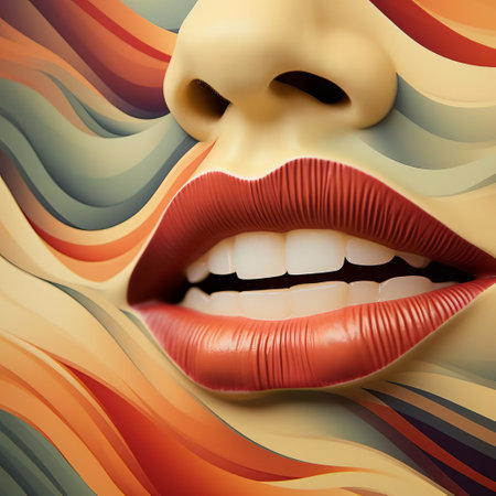 the parrot's vibrant plumage showcases alternating stripes of beige and abstract art patterns, accentuated by extreme lipstick hues, while its amazing lumpy layers and delicate autumn mist-inspired feathers create a mesmerizing visual effect, perfect for nature and wildlife photography enthusiasts. ai generatedの素材