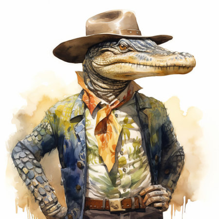 a caiman, dressed in a cowboy hat and boots, stands confidently on a white isolated background, its scaly skin a striking contrast to the rugged cowboy attire, showcasing a whimsical and humorous take on the american west, perfect for illustrations, graphics, and creative designs. ai generatedの素材