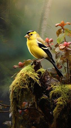 the american goldfinch, with its vibrant yellow plumage and distinctive black cap, perches elegantly on a branch, set against a serene landscape backdrop, showcasing its slender physique and delicate features, a true marvel of nature's beauty and a popular sight among birdwatchers and nature enthusiasts. ai generatedの素材