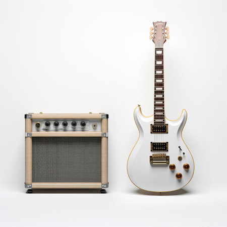 electric guitar lies isolated on a pristine white background, showcasing its sleek, hyperealistic design in stunning 8k resolution, captured with precision at iso 200, highlighting every intricate detail of its empty instrument mockup, from the front to the back part, perfect for music enthusiasts and designers alike. ai generatedの素材
