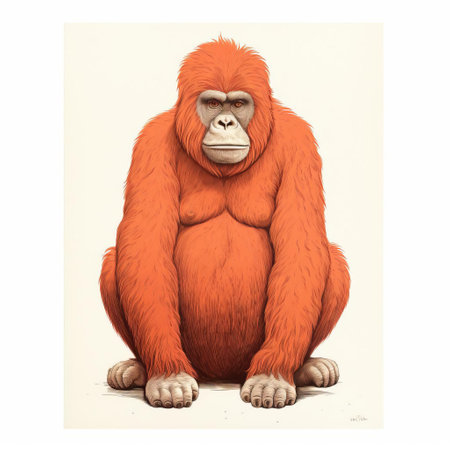 the orangutan, depicted in a stunning minimal screenprint illustration, showcases the majestic creature's full body in a vibrant risograph print, highlighting its distinctive orange fur and gentle features, perfect for nature lovers and art enthusiasts alike. ai generatedの素材
