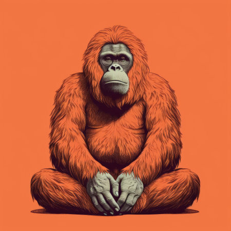 the orangutan, depicted in a minimalist screenprint illustration, stands out against a vibrant background in this stunning risograph print, showcasing its full body in a beautiful, simplified form, perfect for nature lovers and art enthusiasts alike. ai generatedの素材