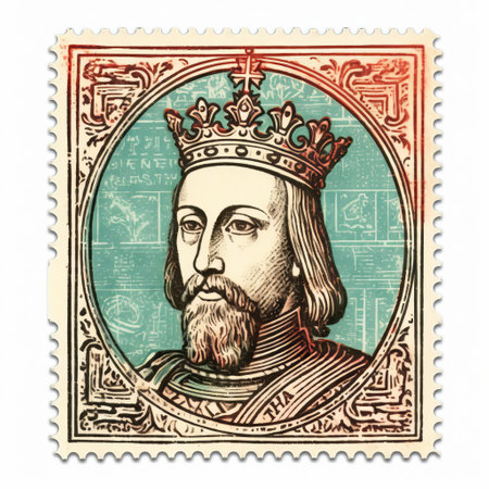henry viii, the infamous king of england, is prominently featured on this isolated old print stamp, showcased against a crisp white background, boasting a rich color palette and intricate line engraving details, evoking a sense of vintage elegance and historical significance. ai generatedの素材