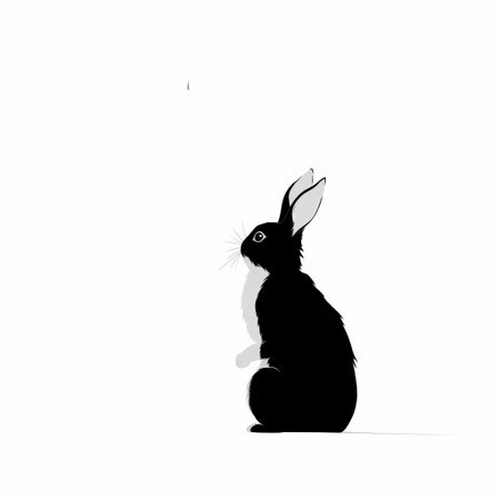 a rabbit, turned sideways and looking up, is playfully asking for food in this charming, abstract, and minimalistic vector art illustration, set against a clean white background, showcasing a striking white and black color scheme. ai generatedの素材