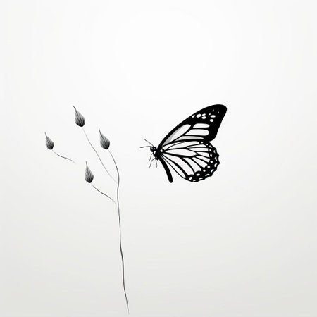 this elegant butterfly, turned sideways, gazes upwards, awaiting sustenance, set against a pristine white background, showcasing a striking contrast with its black accents, epitomizing minimalistic vector art, perfect for designs seeking simplicity and visual harmony. ai generatedの素材