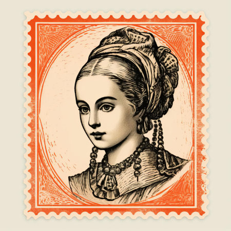 this vintage stamp features a beautiful, isolated portrait of chloe, showcased against a clean white background, highlighting the intricate details of the color line engraving, evoking a sense of nostalgia and classic elegance, perfect for collectors and enthusiasts of old prints. ai generatedの素材