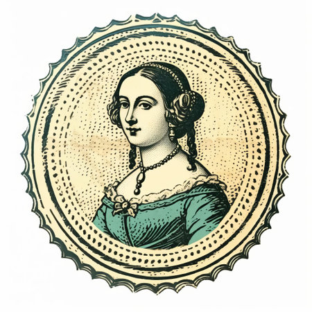 the julia stamp, an isolated old print, sits elegantly on a white background, showcasing its intricate color and exquisite line engraving details, evoking a sense of nostalgia and vintage charm, perfect for collectors and enthusiasts of antique postal history. ai generatedの素材