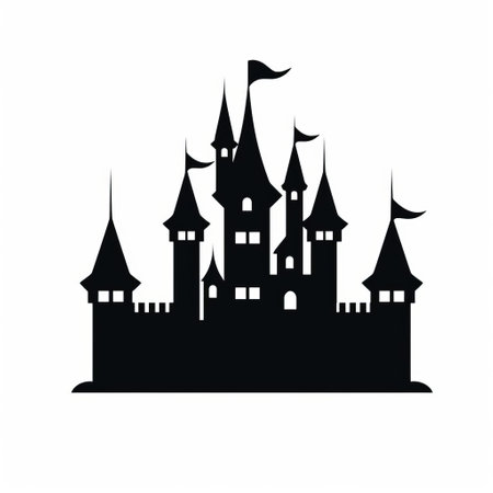 castle stands majestically in solid black silhouette, isolated on a pristine white background, showcasing its simplistic yet striking architecture with a clear outline, perfect for minimalistic designs, illustrations, and digital art projects. ai generatedの素材