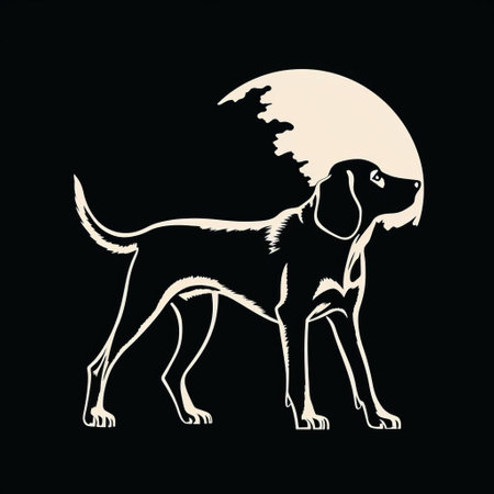 beagle, transformed into a menacing werewolf silhouette, is showcased in this easy-to-carve stencil design featuring low details, perfect for wood block printing and linocut enthusiasts. the clean shapes and line art style, reminiscent of cartoon vector art, create a striking visual against a black background, utilizing negative space to maximum effect. ai generatedの素材