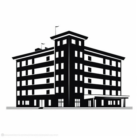 the dormitory stands out in a solid black silhouette, isolated on a crisp white background, showcasing a simplistic and minimalistic design with a clear outline, perfect for educational or architectural visual representations. ai generatedの素材