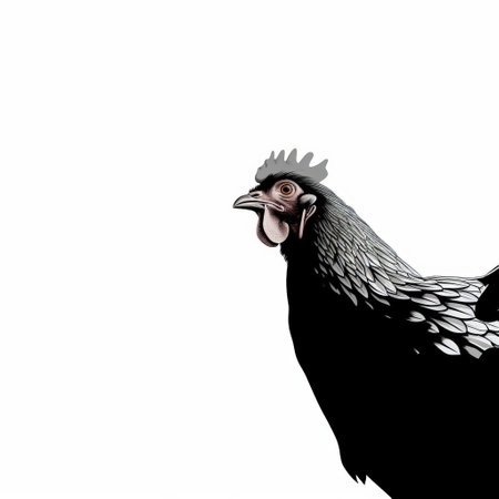this charming chicken, turned sideways and looking up, is asking for food in a playful and endearing manner, set against a clean white background with ample white space, showcasing a stunning minimalistic vector art design with a striking black and white color scheme. ai generatedの素材