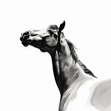 a majestic horse, turned sideways, gazes upwards with an endearing expression, as if asking for a treat, set against a crisp white background, showcasing a stunning contrast with its sleek black silhouette, beautifully rendered in abstract, minimalistic vector art. ai generatedの素材