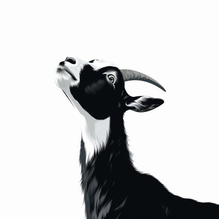 a goat, turned sideways, gazes upwards with an endearing expression, as if asking for food, set against a clean white background, showcasing a beautiful minimalistic and abstract vector art design, featuring a striking white and black color scheme. ai generatedの素材