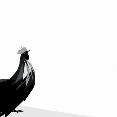 this charming chicken, turned sideways, gazes up with endearing eyes, asking for food in a minimalist vector art illustration set against a clean white background, utilizing a striking white and black color scheme to create a visually appealing contrast. ai generatedの素材