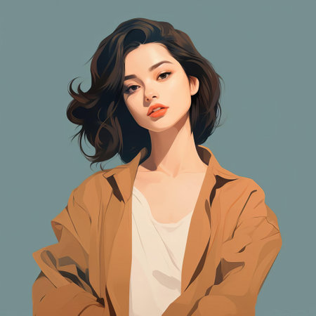 the woman stands confidently in a vibrant, full-colour illustration, showcasing her entire body in a flat, two-dimensional style without outlines, highlighting her bold and striking features in a beautiful, detailed representation of femininity and strength. ai generatedの素材