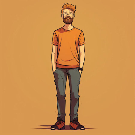 the man stands confidently in a vibrant full-colour illustration, showcasing his entire body in a flat, simple, and bold design, free from outlines, highlighting his dynamic presence and energetic personality in a stunning visual representation. ai generatedの素材